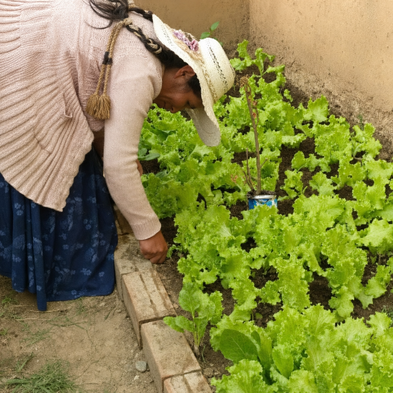 Mujer cuidando un cultivo de lechugas