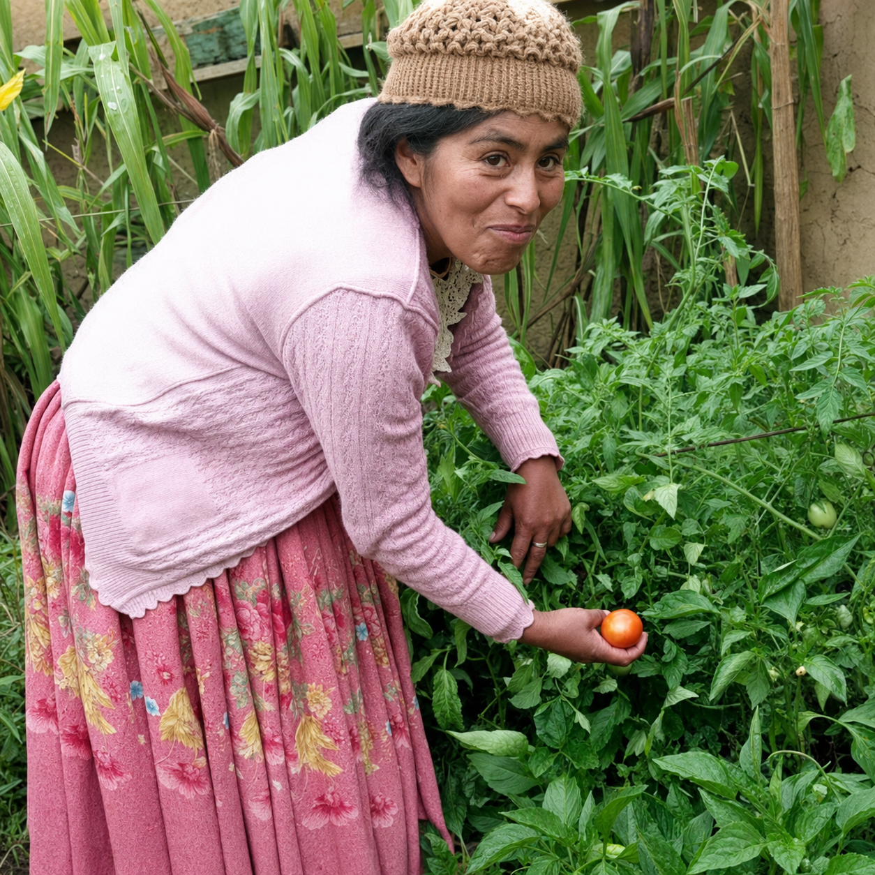 Mujer productora cosechando un tomate en su huerto